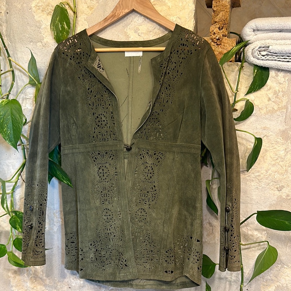 Olive Green Suede Jacket with Cutout Design